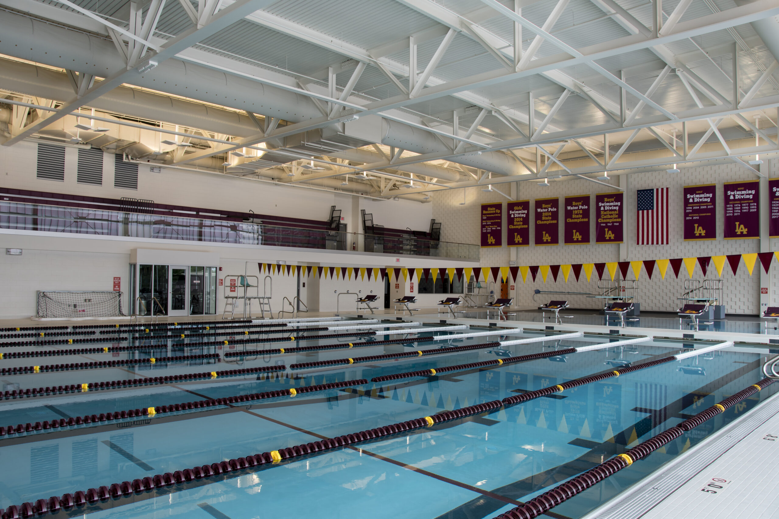 Interior pool view, Loyola Academy Aquatic Center.